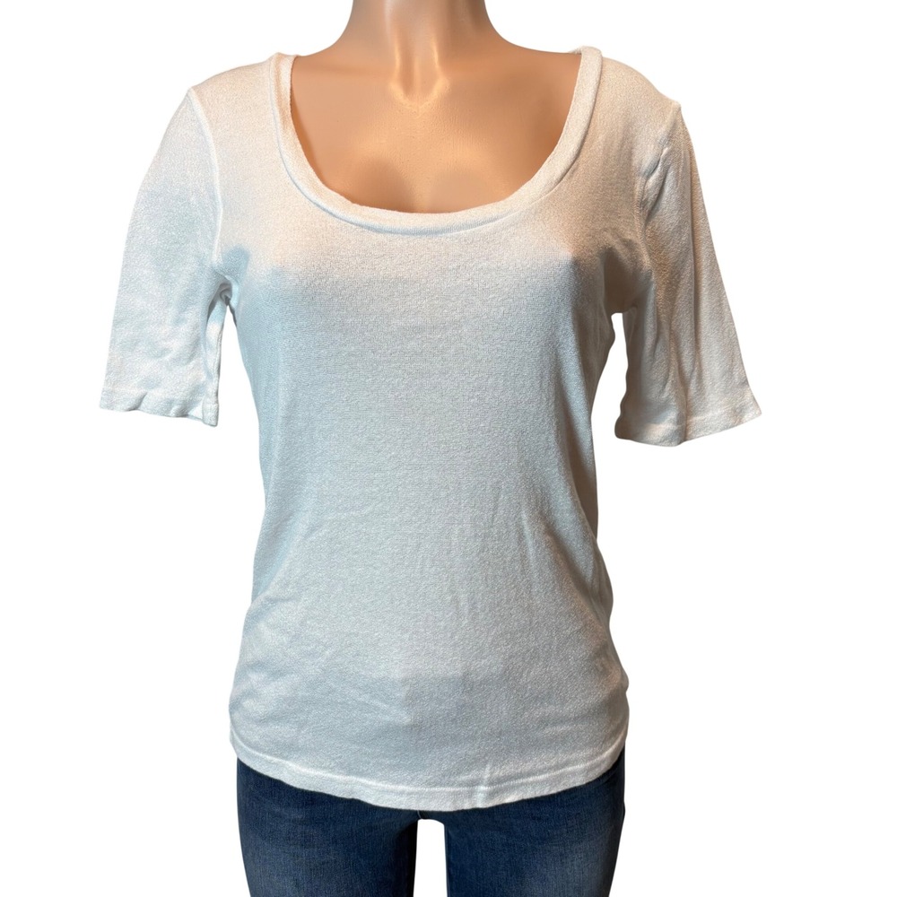 Anthropologie Michael Stars White Textured Short Sleeve Shirt Top M/L Made USA